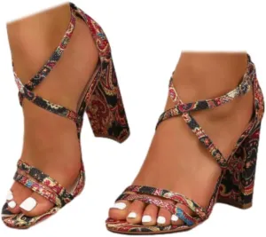 SACFOF Chunky Block High Heels for Women Floral Print Pump Heeled Sandals Open Toe Ankle Strap Buckle Party Dress Shoes