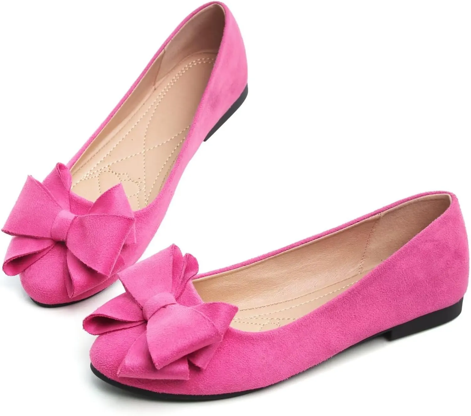 SAILING LU Women's Round Toe Ballerina Shoes Cute Bow Flats Comfortable Soft Suede Slip-ons Solid Color Office Lady Walking Loafers