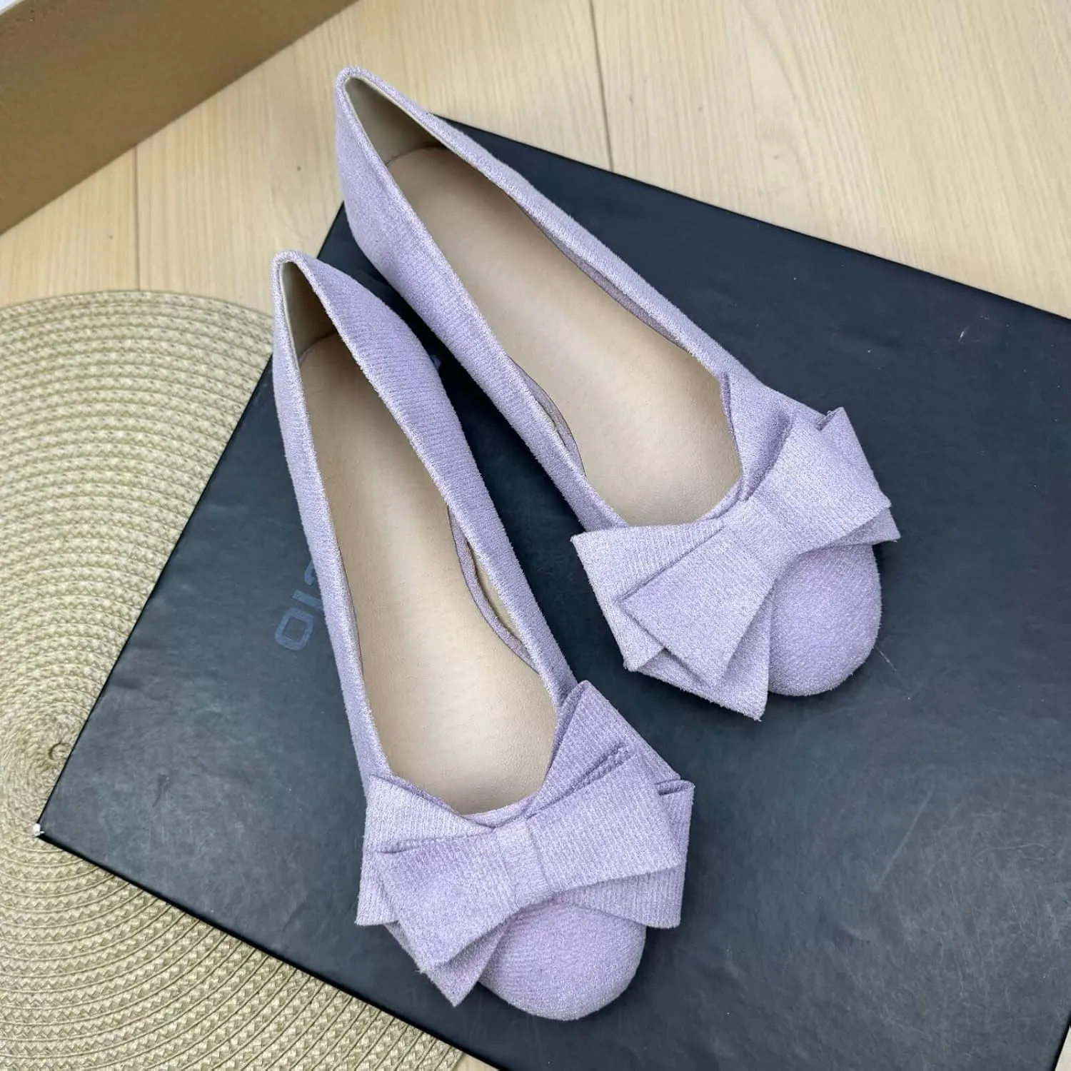 SAILING LU Women's Round Toe Ballerina Shoes Cute Bow Flats Comfortable Soft Suede Slip-ons Solid Color Office Lady Walking Loafers