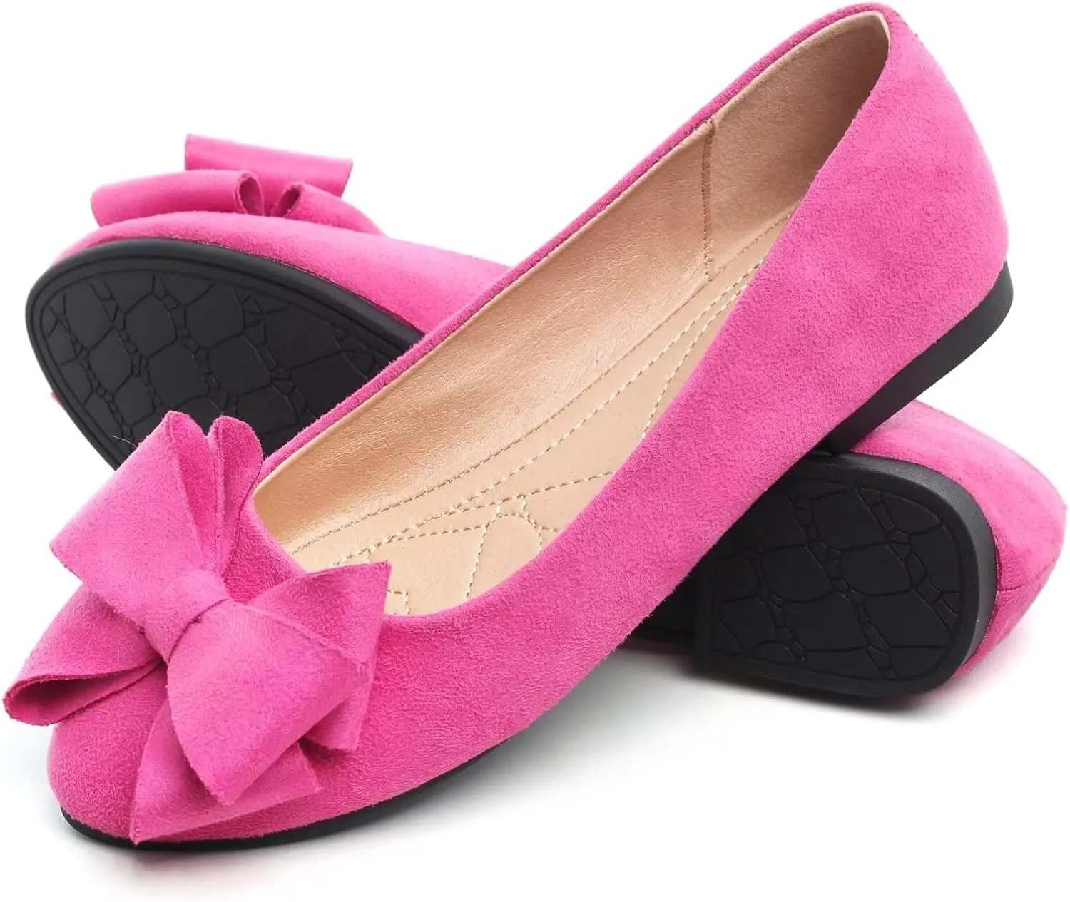 SAILING LU Women's Round Toe Ballerina Shoes Cute Bow Flats Comfortable Soft Suede Slip-ons Solid Color Office Lady Walking Loafers
