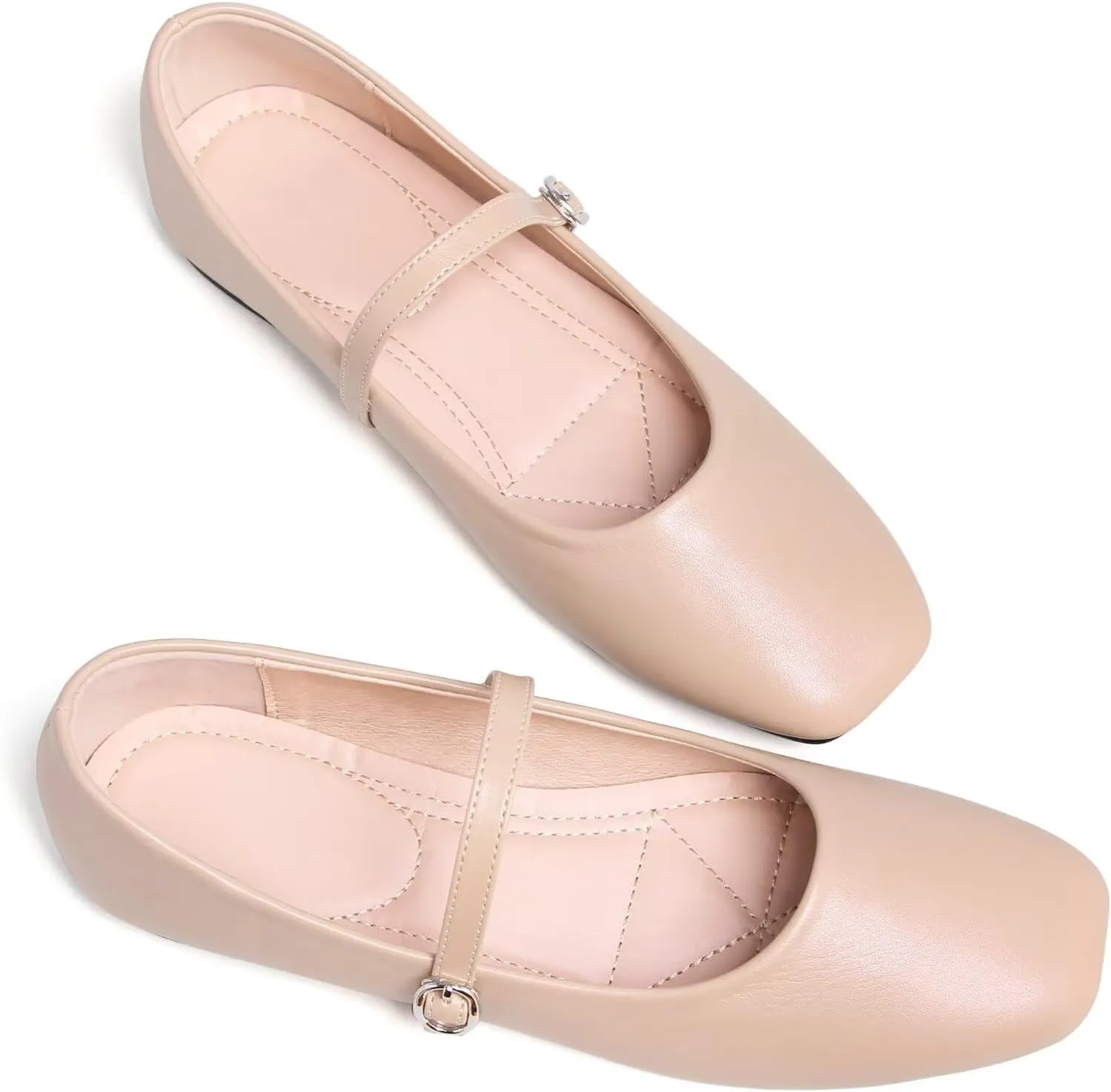 SAILING LU Women's Square Toe Classic Mary Jane Flats Soft PU Leather Walking Shoes Comfortable Slip-ons Solid Color Dress Shoes
