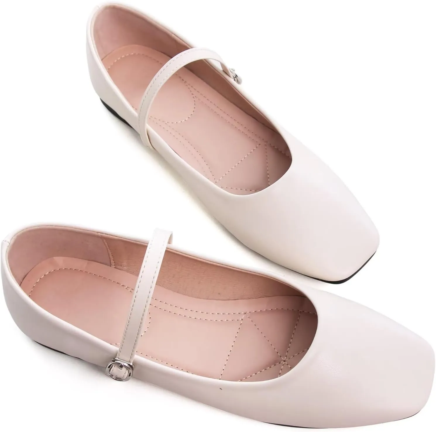 SAILING LU Women's Square Toe Classic Mary Jane Flats Soft PU Leather Walking Shoes Comfortable Slip-ons Solid Color Dress Shoes