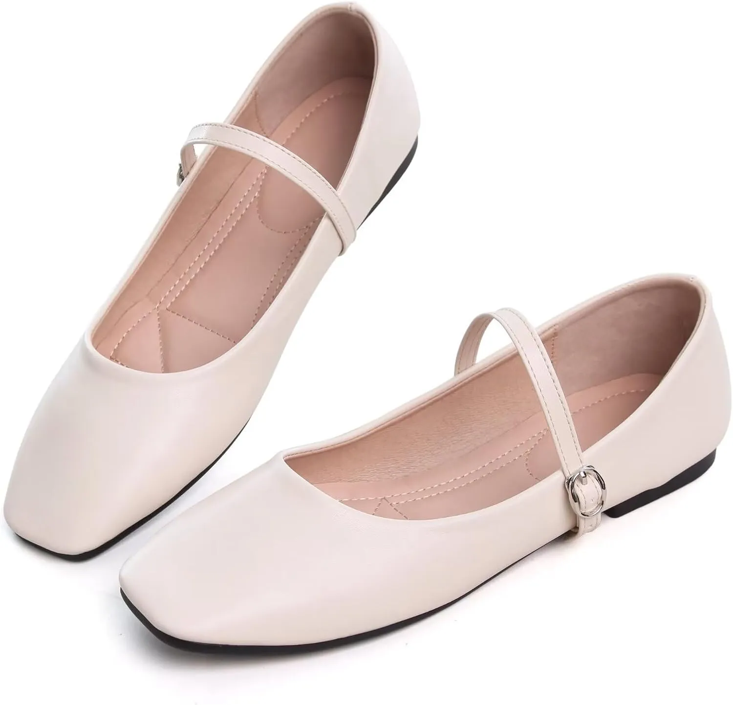 SAILING LU Women's Square Toe Classic Mary Jane Flats Soft PU Leather Walking Shoes Comfortable Slip-ons Solid Color Dress Shoes
