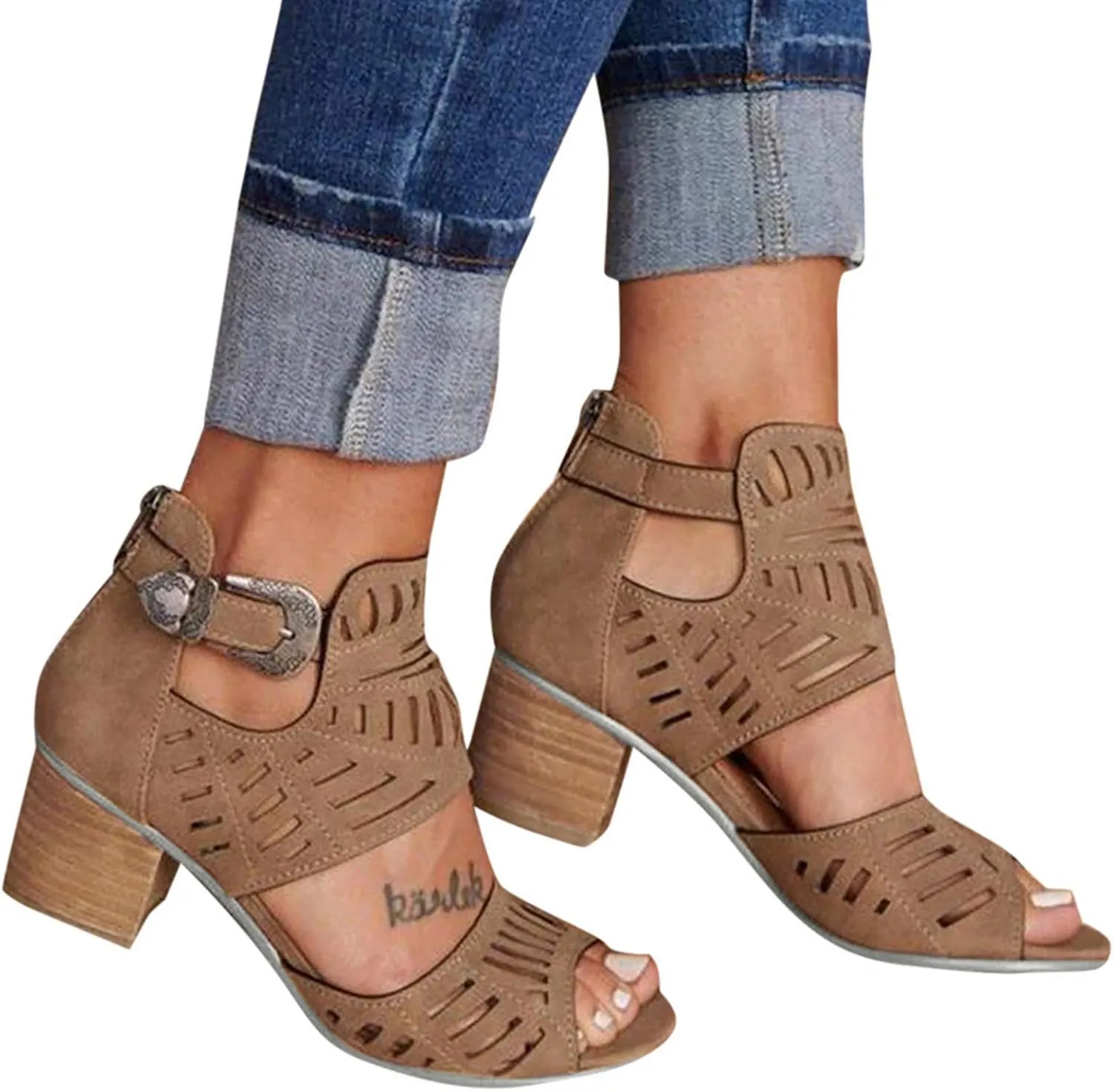 Sandals for Women Wide Width Heels,Ankle Strap Snakeskin Adjustable Buckle Clear Block Chunky High Heel Open Toe Sandal