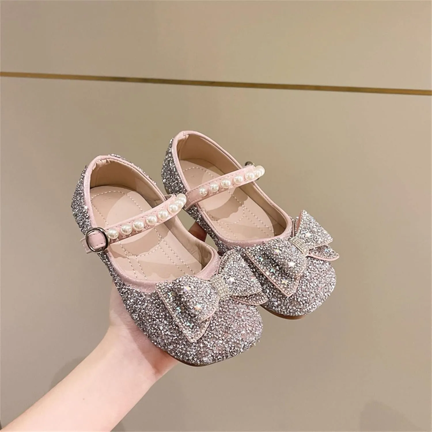 Sequins Sandals For Little Girls Toddler Kids Bow Pearl 𝗟ow Heels Shoes Summer Casual Dress Dance Shoes Glitter Loafers