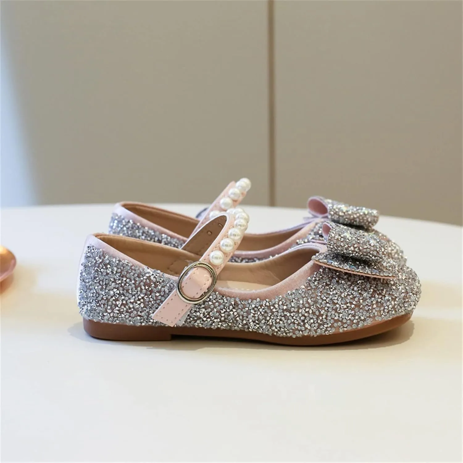 Sequins Sandals For Little Girls Toddler Kids Bow Pearl 𝗟ow Heels Shoes Summer Casual Dress Dance Shoes Glitter Loafers