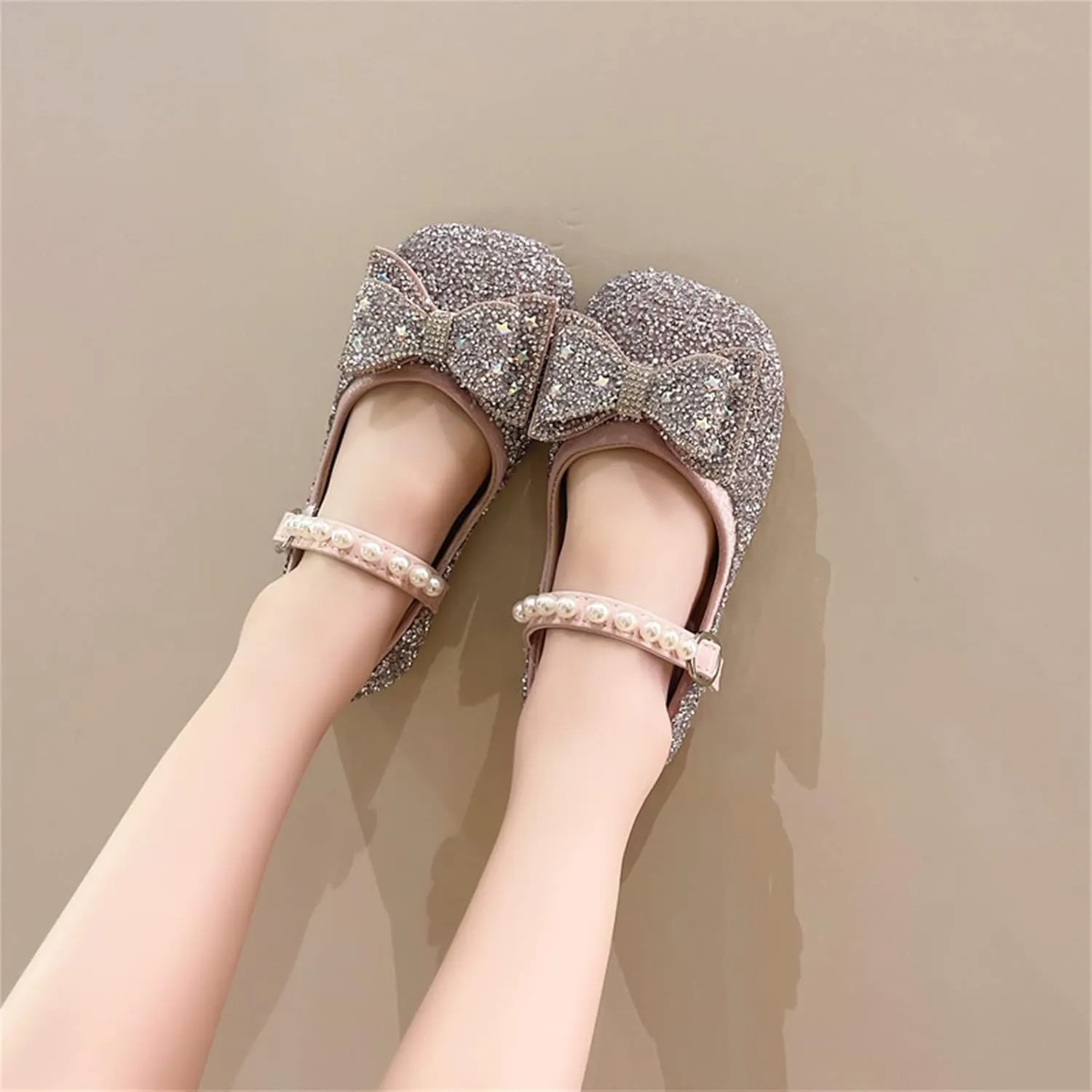 Sequins Sandals For Little Girls Toddler Kids Bow Pearl 𝗟ow Heels Shoes Summer Casual Dress Dance Shoes Glitter Loafers