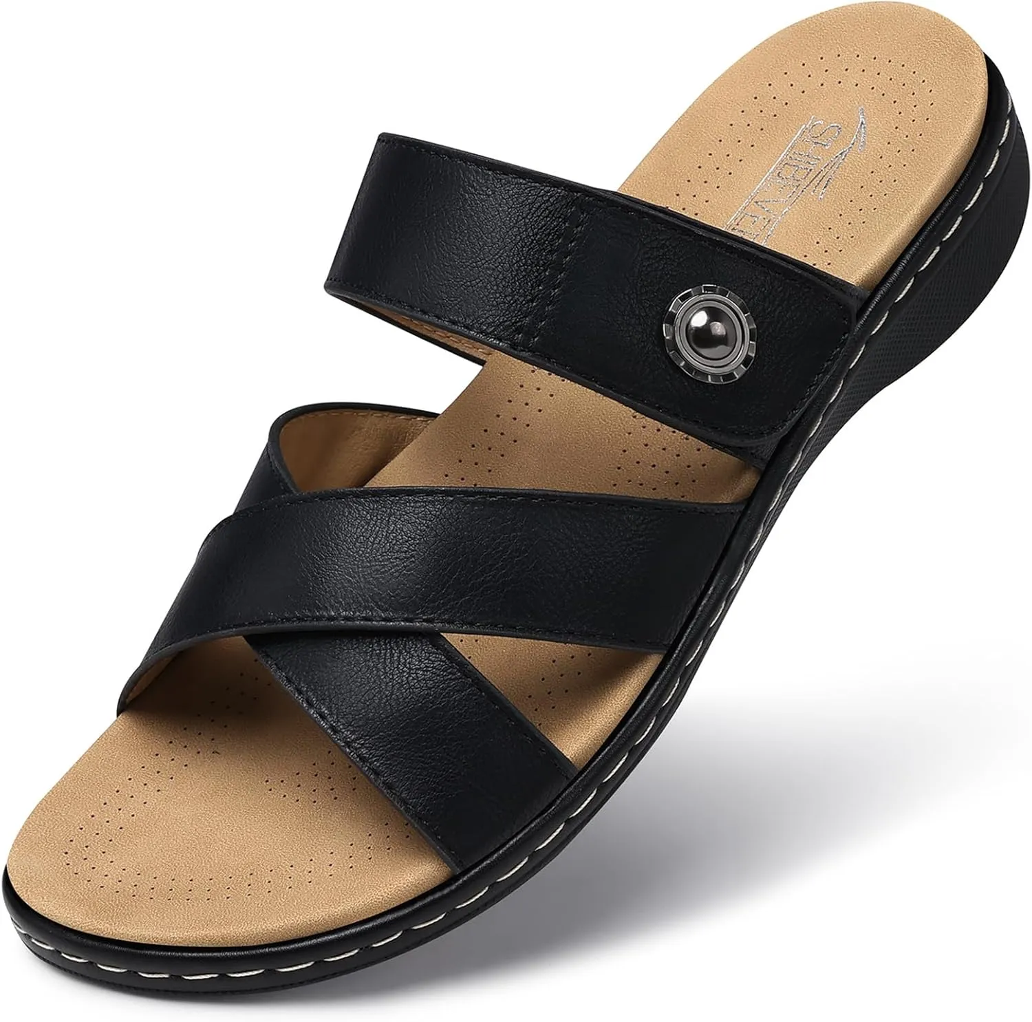 SHIBEVER Women Slides Summer Sandals: Comfortable Walking - Black Slip on Flat Sandals Dressy - Arch Support Sandal Open Toe Size 10