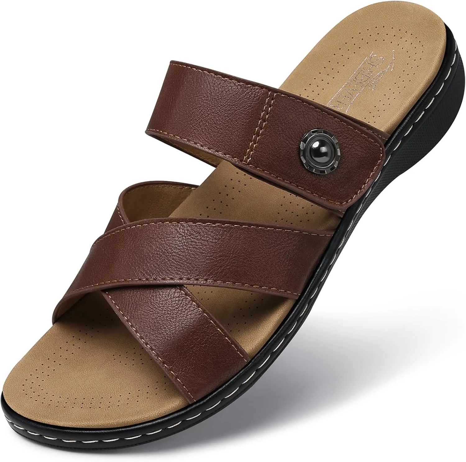 SHIBEVER Women Slides Summer Sandals: Comfortable Walking - Brown Slip on Flat Sandals Dressy - Arch Support Sandal Open Toe Size 7