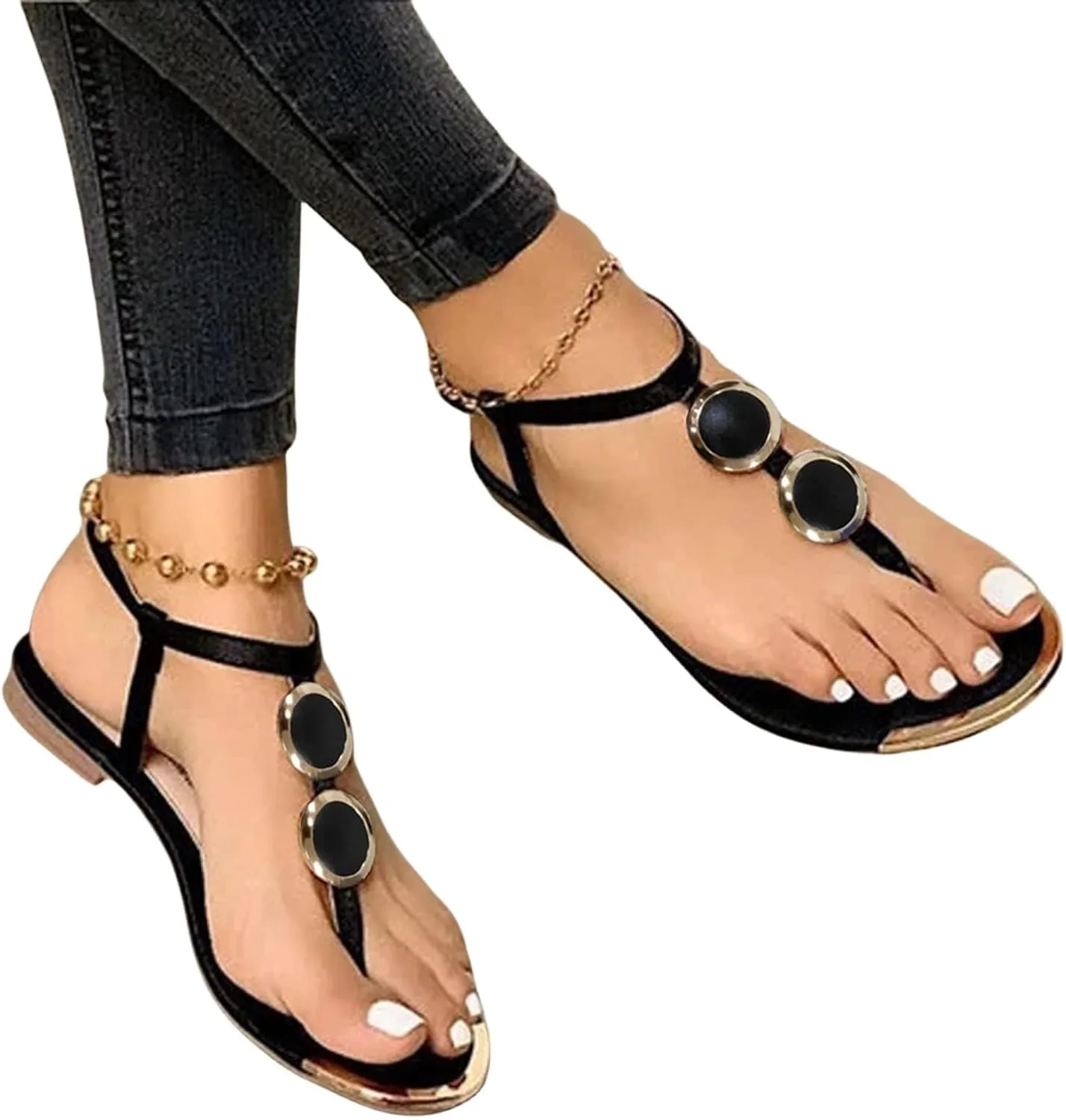 Smoneyful Women's Dressy Thong Sandals Open Toe Flat Beach Retro Gladiator Buckle Ankle Strap Bohemia Glitter Beaded Flip Flop for Summer