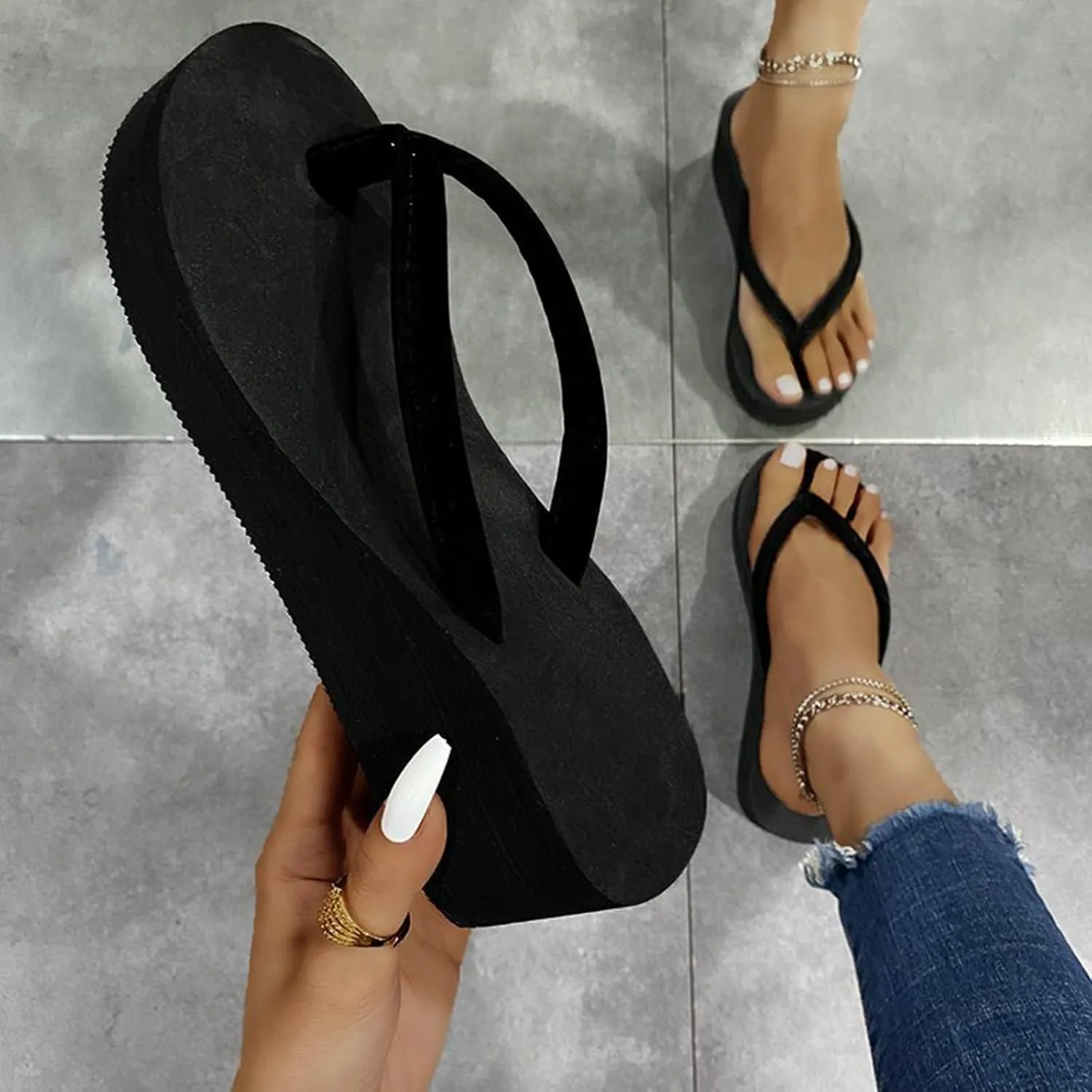 Wedge Flip Flops for Women Beach Shoes Ladies Heighten Wedges Platform Bohemian Slippers Clip Toe Sandals, 9