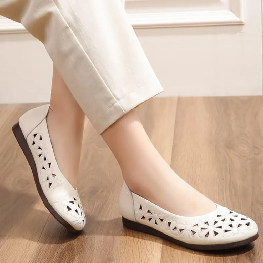 WENJIAZHIZHI Women's Comfortable Loafers Casual Square Toe Moccasins Hollow Breathable Driving Flats Soft Walking Shoes Women Slip On