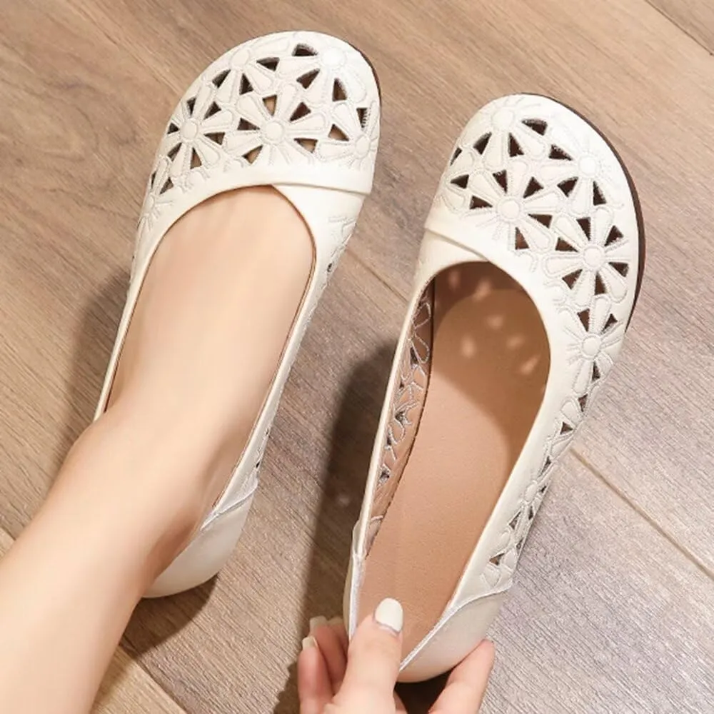 WENJIAZHIZHI Women's Comfortable Loafers Casual Square Toe Moccasins Hollow Breathable Driving Flats Soft Walking Shoes Women Slip On