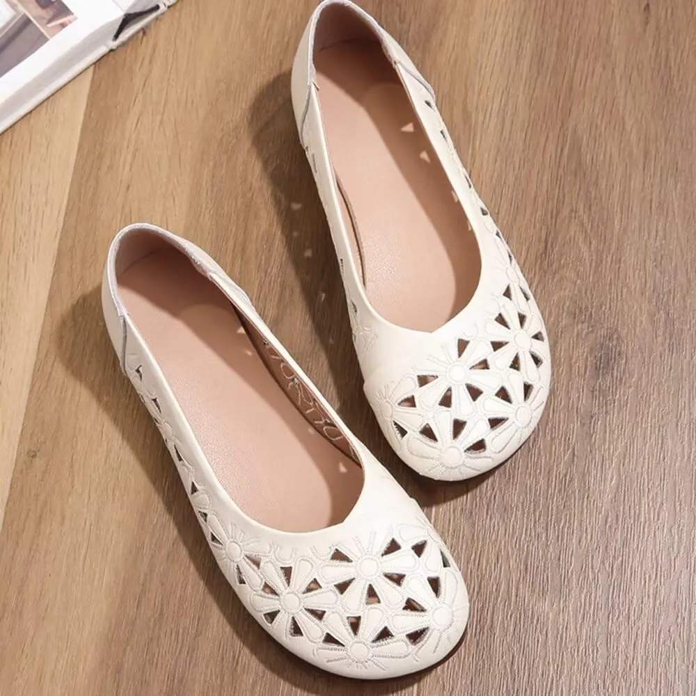 WENJIAZHIZHI Women's Comfortable Loafers Casual Square Toe Moccasins Hollow Breathable Driving Flats Soft Walking Shoes Women Slip On
