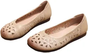 WENJIAZHIZHI Women's Comfortable Loafers Casual Square Toe Moccasins Hollow Breathable Driving Flats Soft Walking Shoes Women Slip On