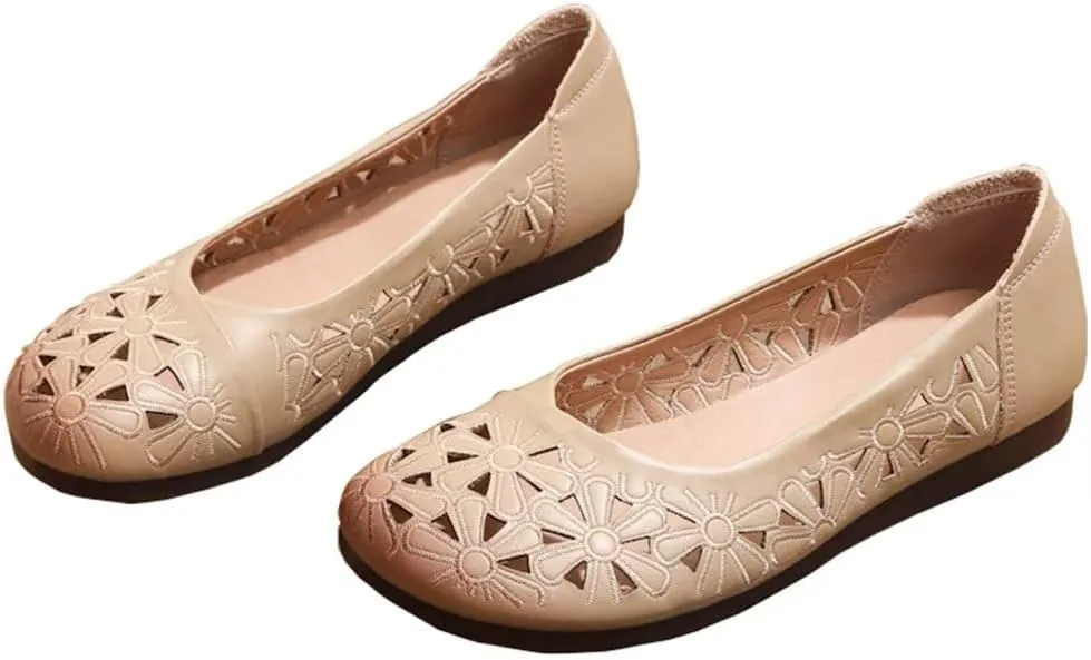 WENJIAZHIZHI Women's Comfortable Loafers Casual Square Toe Moccasins Hollow Breathable Driving Flats Soft Walking Shoes Women Slip On