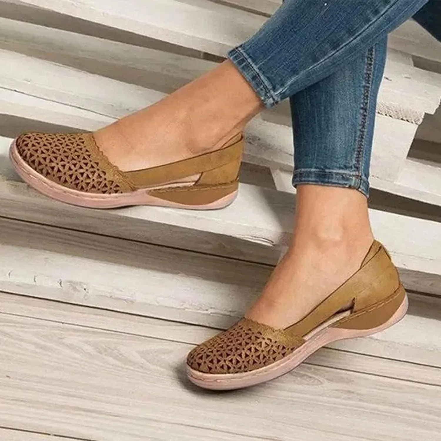 Wide Width Flats for Women Closed Toe Sandals Hollow Out Wedge Sandals Orthopedic Summer Mules Arch Support Comfort Cork Footbed Flat Sandal Breathable Comfortable Dressy Slip on Slippers
