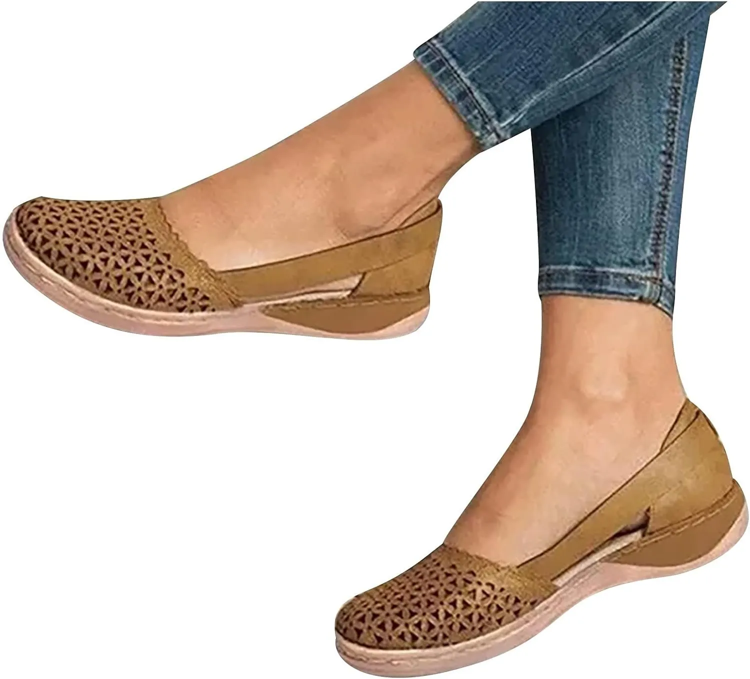 Wide Width Flats for Women Closed Toe Sandals Hollow Out Wedge Sandals Orthopedic Summer Mules Arch Support Comfort Cork Footbed Flat Sandal Breathable Comfortable Dressy Slip on Slippers