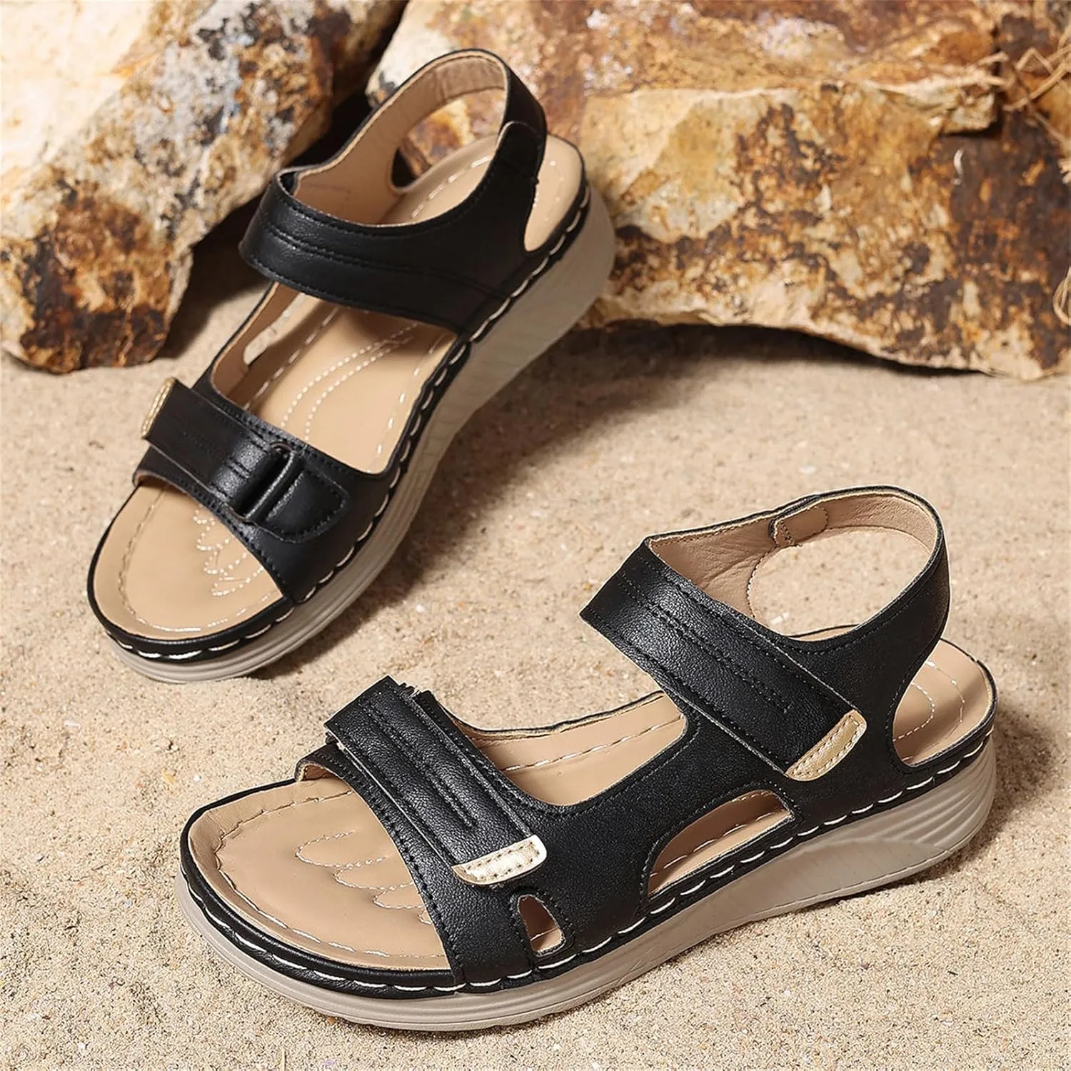 Women Comfortable Sandals Arch Support Walking Orthopedic Platform Open Toe Ankle Strap Sandals