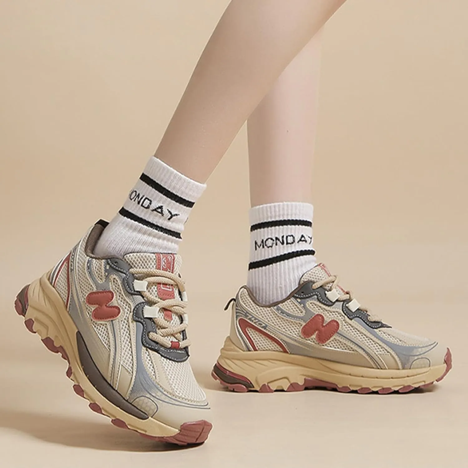 Women's Breathable Chunky Sneakers - Casual Lace-up Athletic Shoes with Thick Sole, Perfect for Spring/Autumn - Fashionable Trainers with Mesh