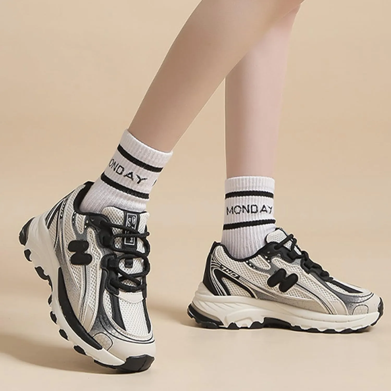 Women's Breathable Chunky Sneakers - Casual Lace-up Athletic Shoes with Thick Sole, Perfect for Spring/Autumn - Fashionable Trainers with Mesh