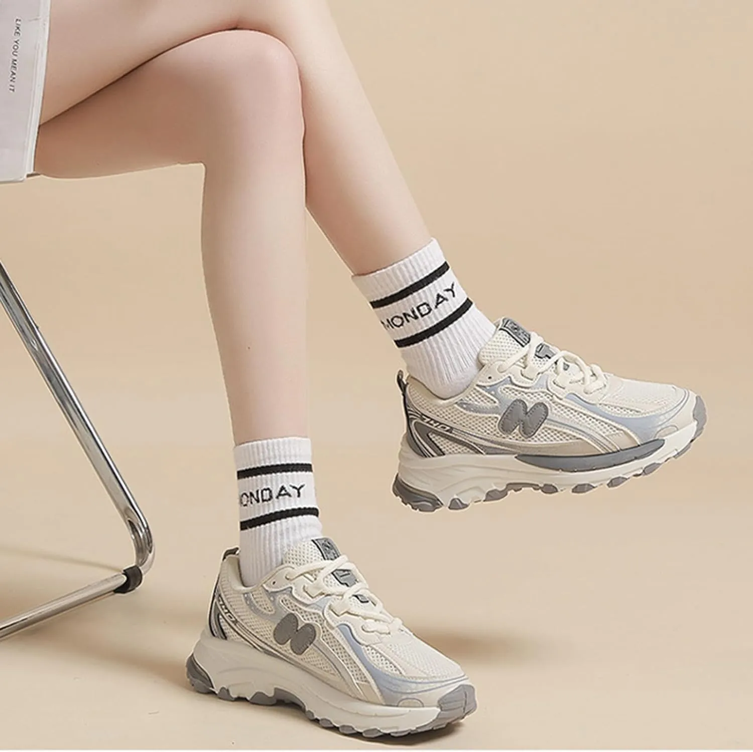 Women's Breathable Chunky Sneakers - Casual Lace-up Athletic Shoes with Thick Sole, Perfect for Spring/Autumn - Fashionable Trainers with Mesh
