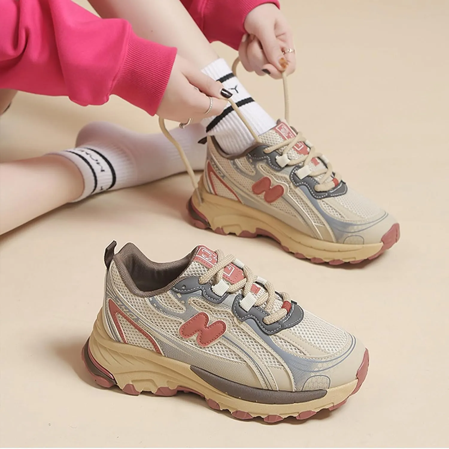 Women's Breathable Chunky Sneakers - Casual Lace-up Athletic Shoes with Thick Sole, Perfect for Spring/Autumn - Fashionable Trainers with Mesh
