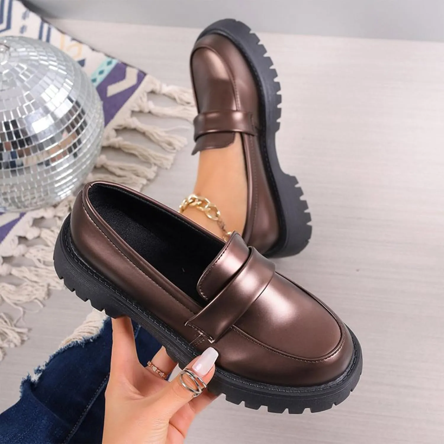 Women's Chunky Loafer 2025 Slip-Ons Shoes Casual Business Shoes Platform Loafers Lug Sole Penny Loafers
