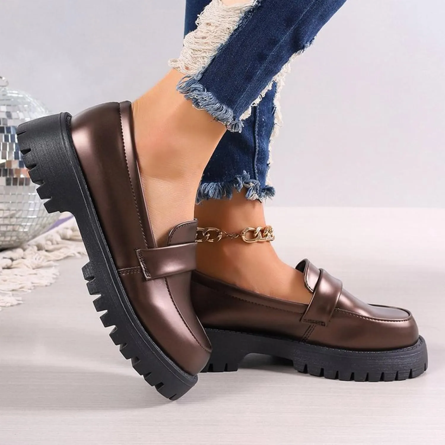 Women's Chunky Loafer 2025 Slip-Ons Shoes Casual Business Shoes Platform Loafers Lug Sole Penny Loafers