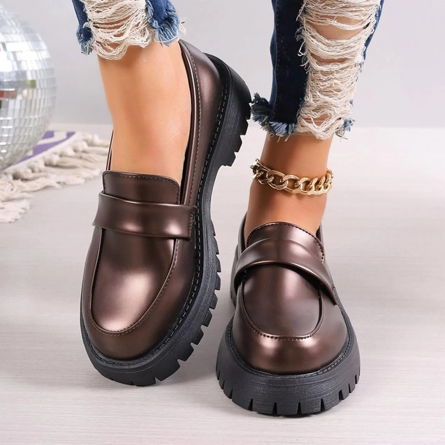 Women's Chunky Loafer 2025 Slip-Ons Shoes Casual Business Shoes Platform Loafers Lug Sole Penny Loafers