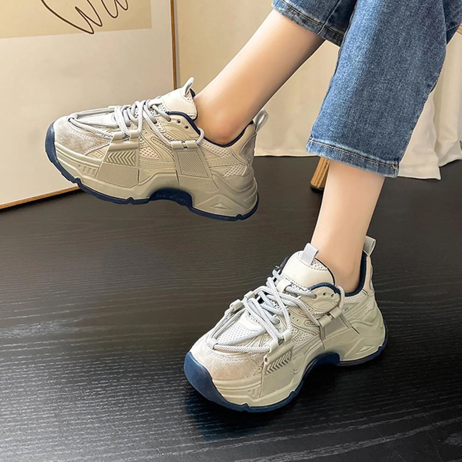 Women's Fashion Sneakers - Casual Platform Chunky Trainers with Breathable Mesh, Perfect for Spring and Autumn,Blue-35