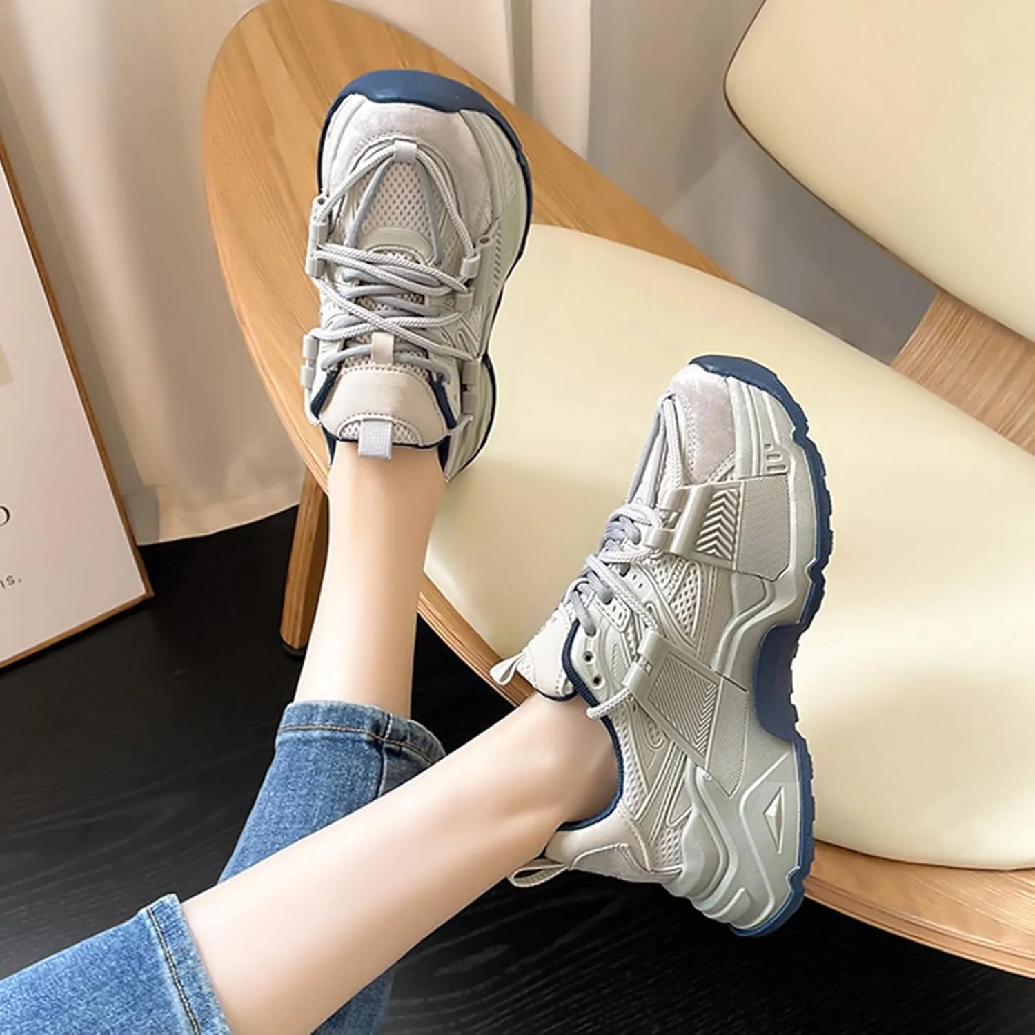 Women's Fashion Sneakers - Casual Platform Chunky Trainers with Breathable Mesh, Perfect for Spring and Autumn,Blue-35