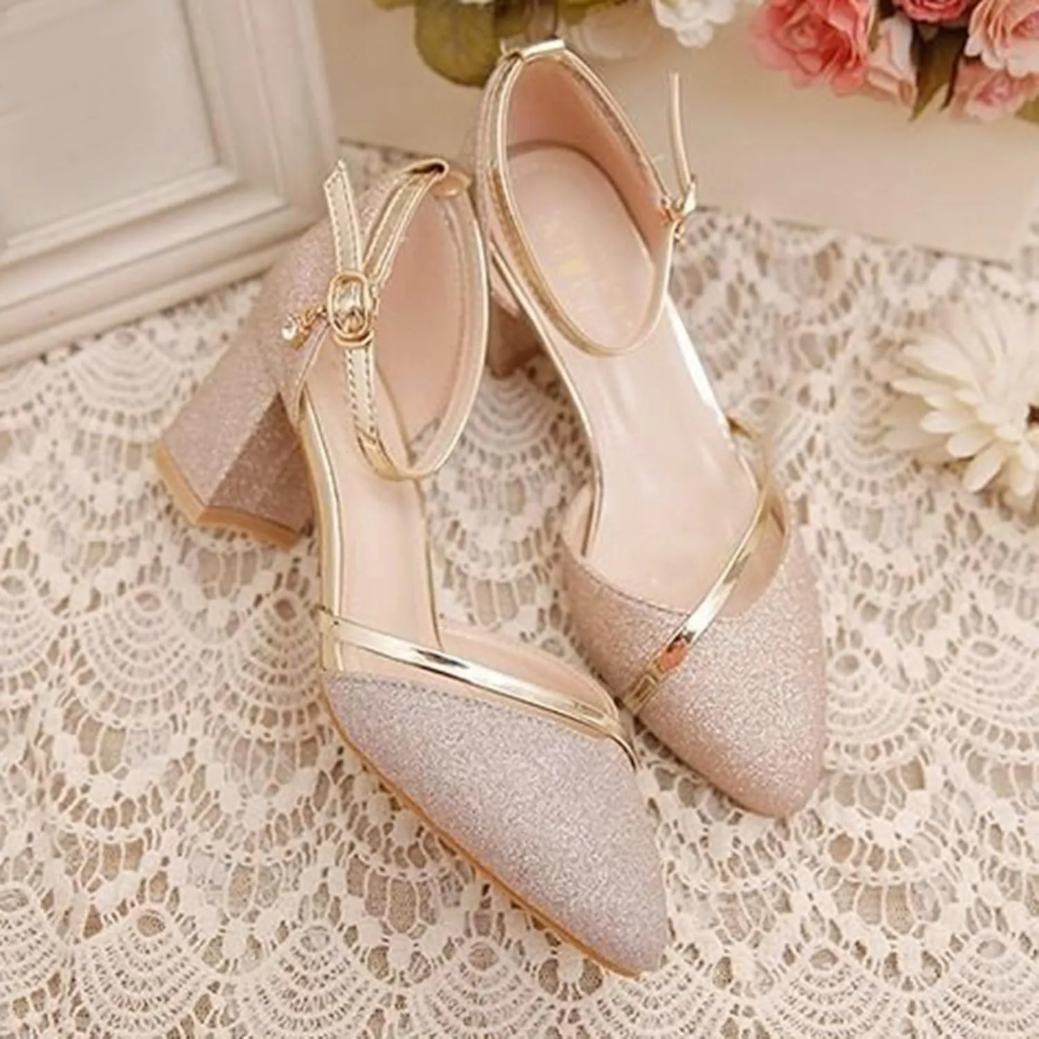 Women's Low Heels Sandals Close Toe Ankle Strap Block Chunky Heel Sandals Comfortable Slip On Dress Shoes for Prom Party Wedding