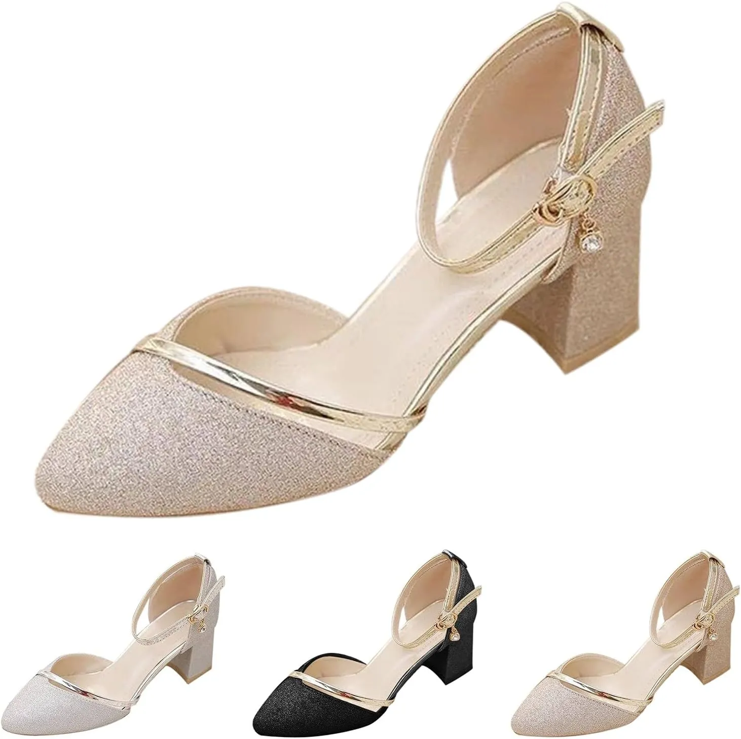 Women's Low Heels Sandals Close Toe Ankle Strap Block Chunky Heel Sandals Comfortable Slip On Dress Shoes for Prom Party Wedding