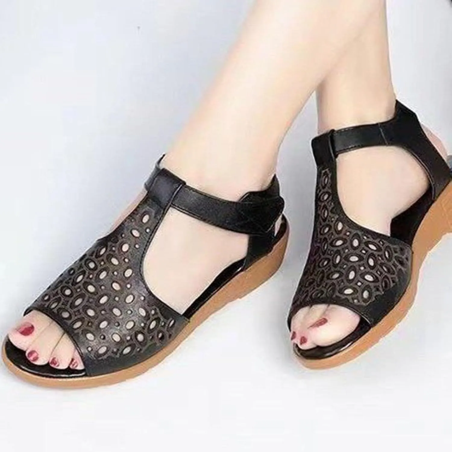 Womens Low Wedge Sandals Elastic Ankle Strap Dressy Sandals Hollow Out Beach Shoes Comfortable Open Toe Slip On Dress Shoes