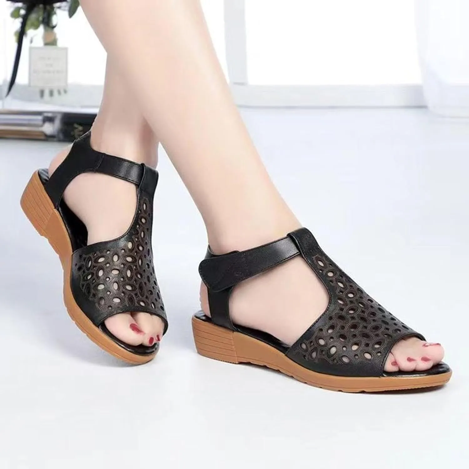 Womens Low Wedge Sandals Elastic Ankle Strap Dressy Sandals Hollow Out Beach Shoes Comfortable Open Toe Slip On Dress Shoes