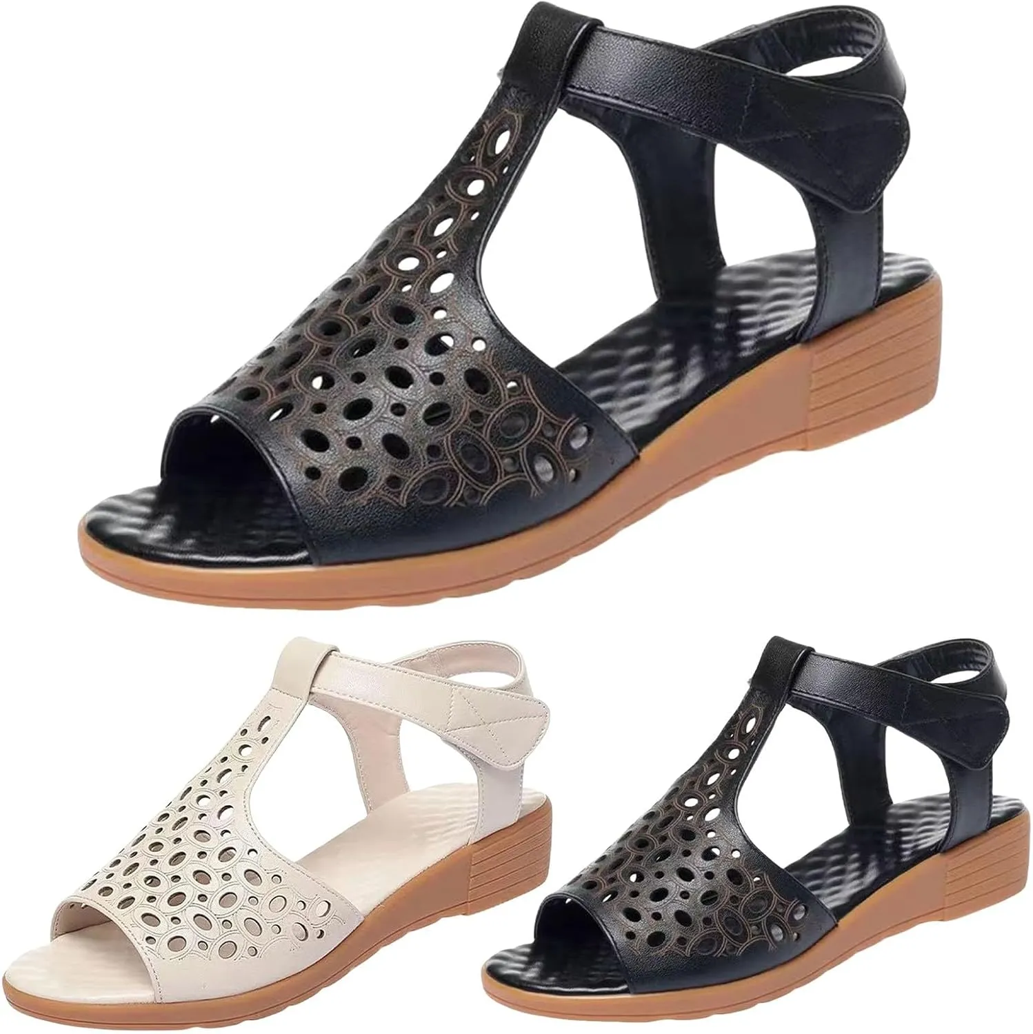 Womens Low Wedge Sandals Elastic Ankle Strap Dressy Sandals Hollow Out Beach Shoes Comfortable Open Toe Slip On Dress Shoes