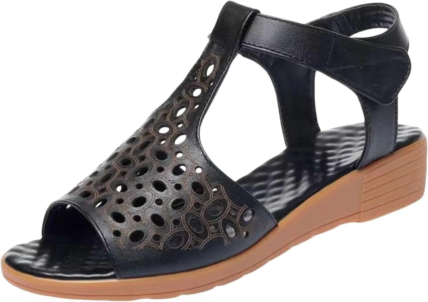 Womens Low Wedge Sandals Elastic Ankle Strap Dressy Sandals Hollow Out Beach Shoes Comfortable Open Toe Slip On Dress Shoes