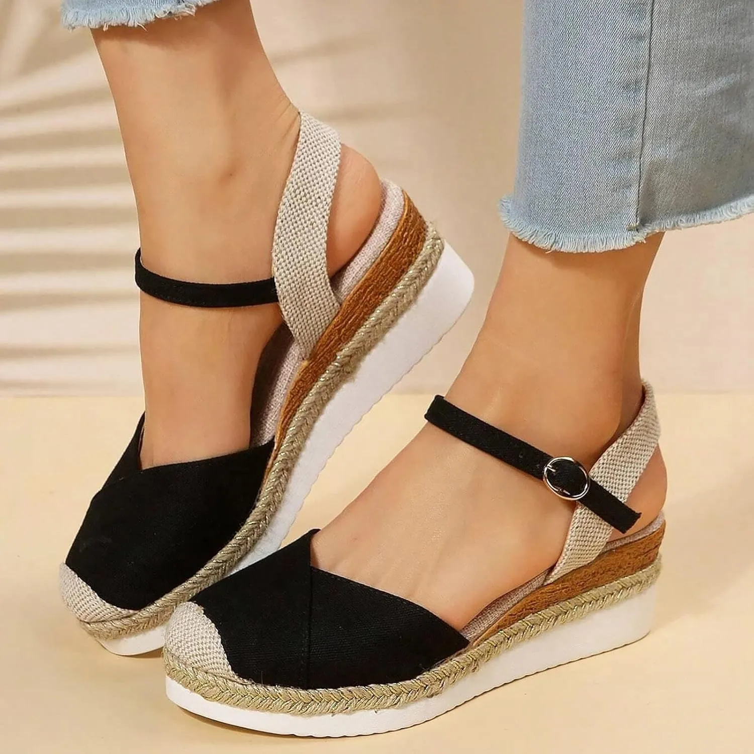 Womens Orthopedic Platform Wedge Sandals Summer Dressy Closed Toe Strappy Slip on Ankle Strap Espadrilles Sandals