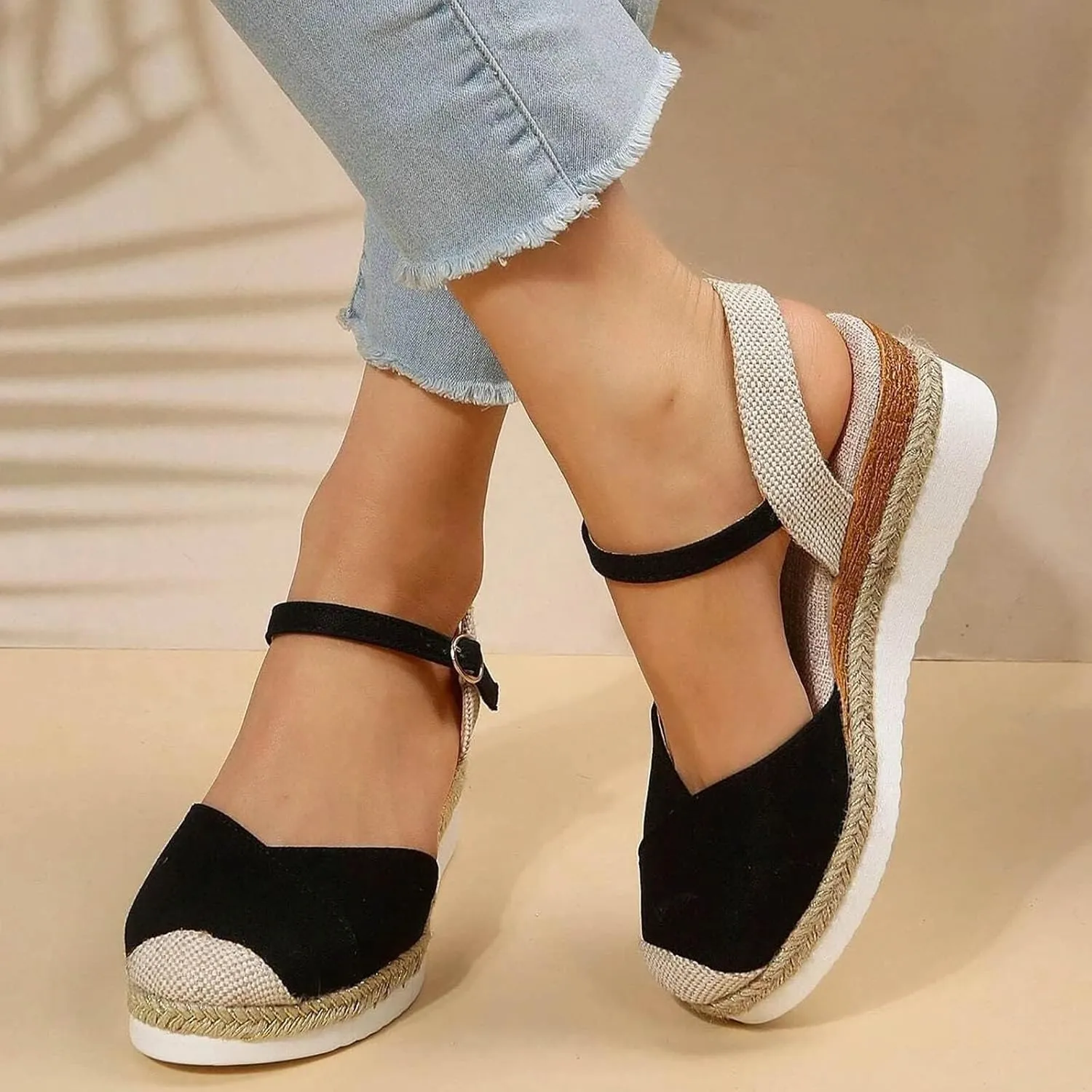 Womens Orthopedic Platform Wedge Sandals Summer Dressy Closed Toe Strappy Slip on Ankle Strap Espadrilles Sandals