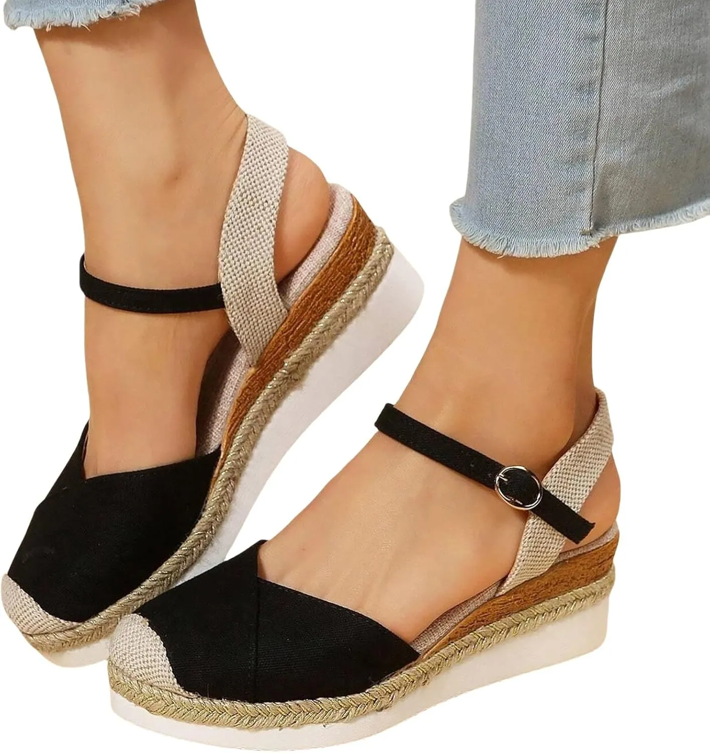 Womens Orthopedic Platform Wedge Sandals Summer Dressy Closed Toe Strappy Slip on Ankle Strap Espadrilles Sandals