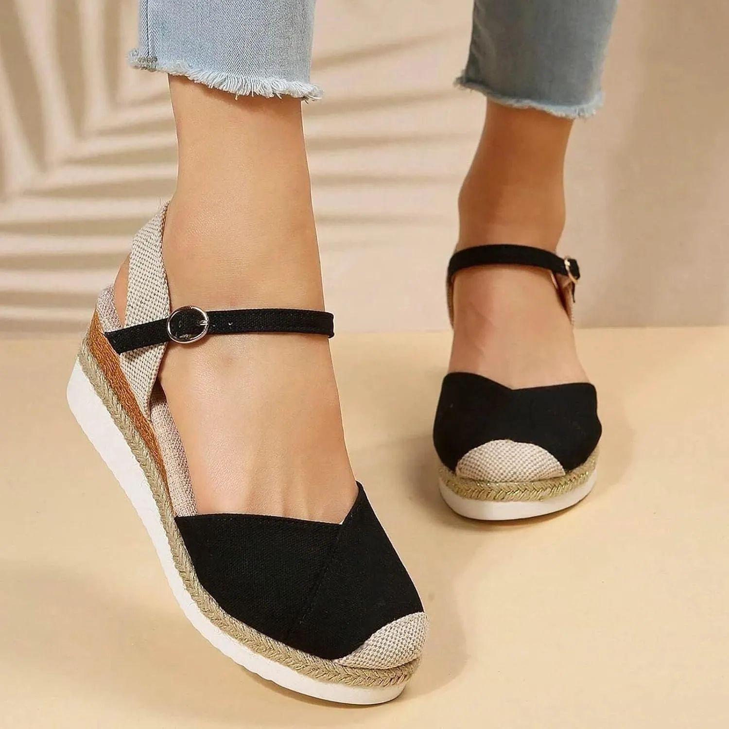 Womens Orthopedic Platform Wedge Sandals Summer Dressy Closed Toe Strappy Slip on Ankle Strap Espadrilles Sandals
