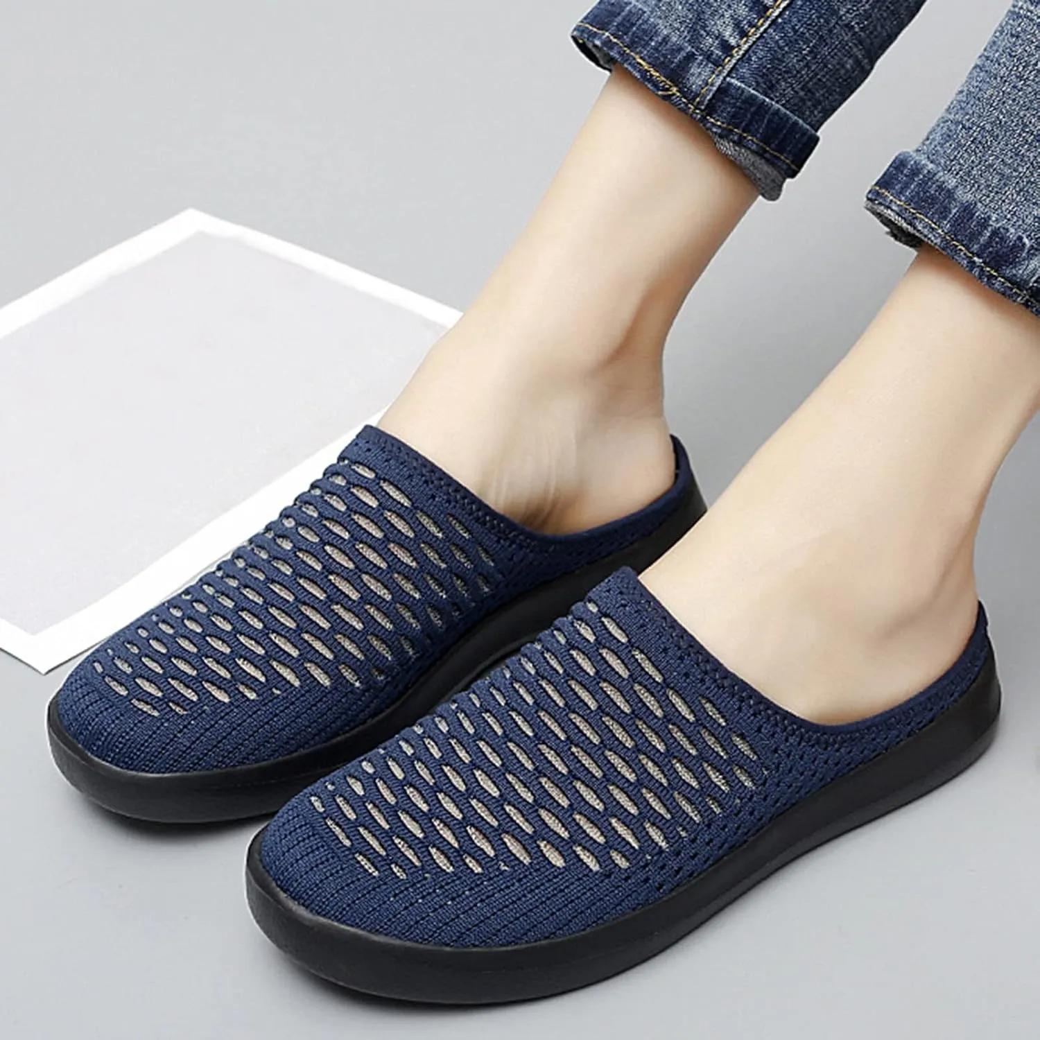 Women's Orthopedic Walking Shoes - Lightweight, Loose Fit, Breathable, Mesh-Comfortable Slip on Half Flip Flops Mesh Gym Work Shoes Fashion Sneakers Athletic Shoes