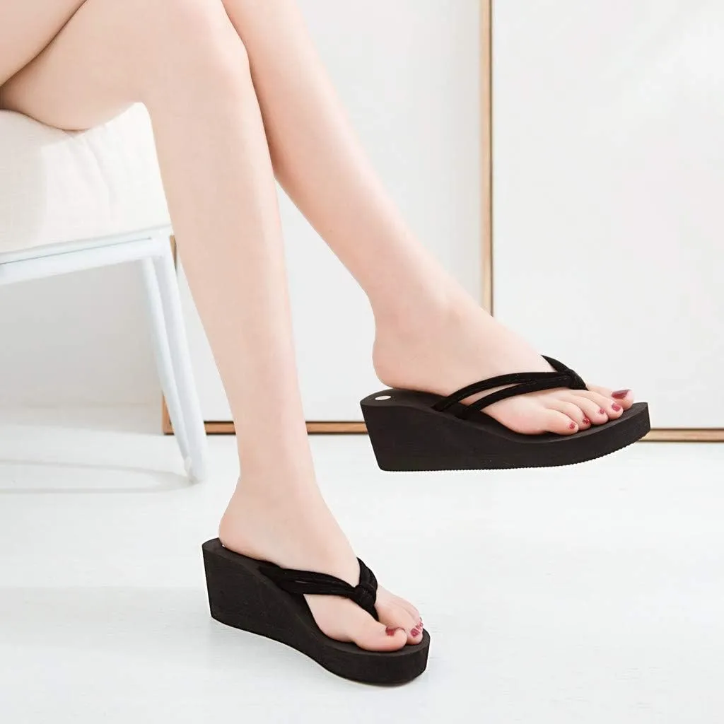 Women's Platform Flip Flop Arch Support Comfortable Soft Cushion Wedge Flip Flops Summer Thong Sandals (Black, 6.5)
