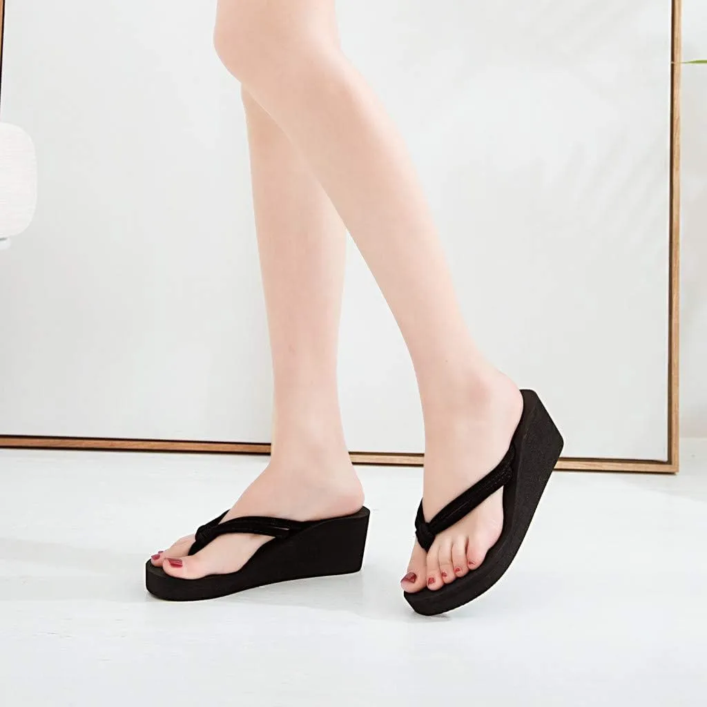 Women's Platform Flip Flop Arch Support Comfortable Soft Cushion Wedge Flip Flops Summer Thong Sandals (Black, 6)