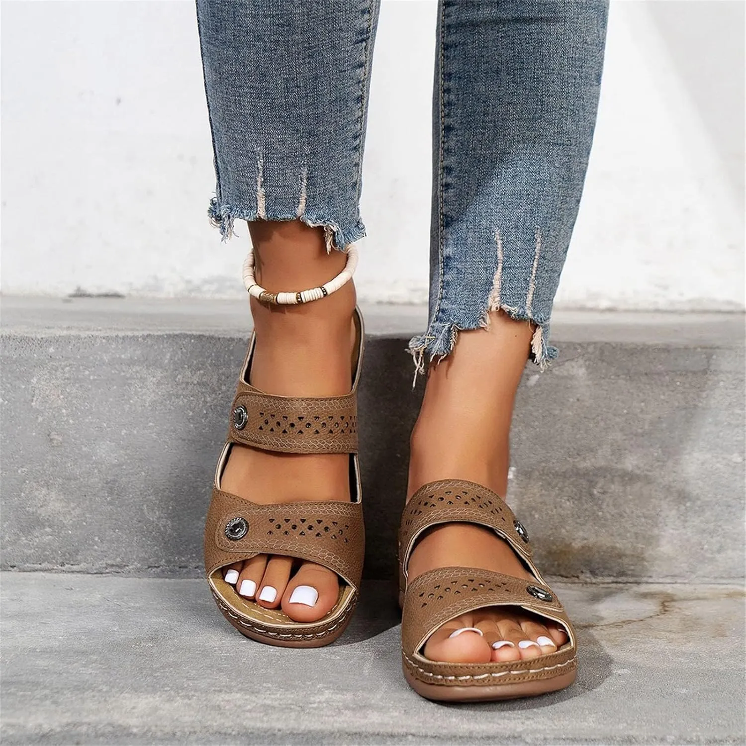 Womens Sandals Summer Open Toe Slip On Low Wedge Slippers Casual Home Shower Shoes Fashion Lightweight Non-Slip Summer Vacation Beach Slippers