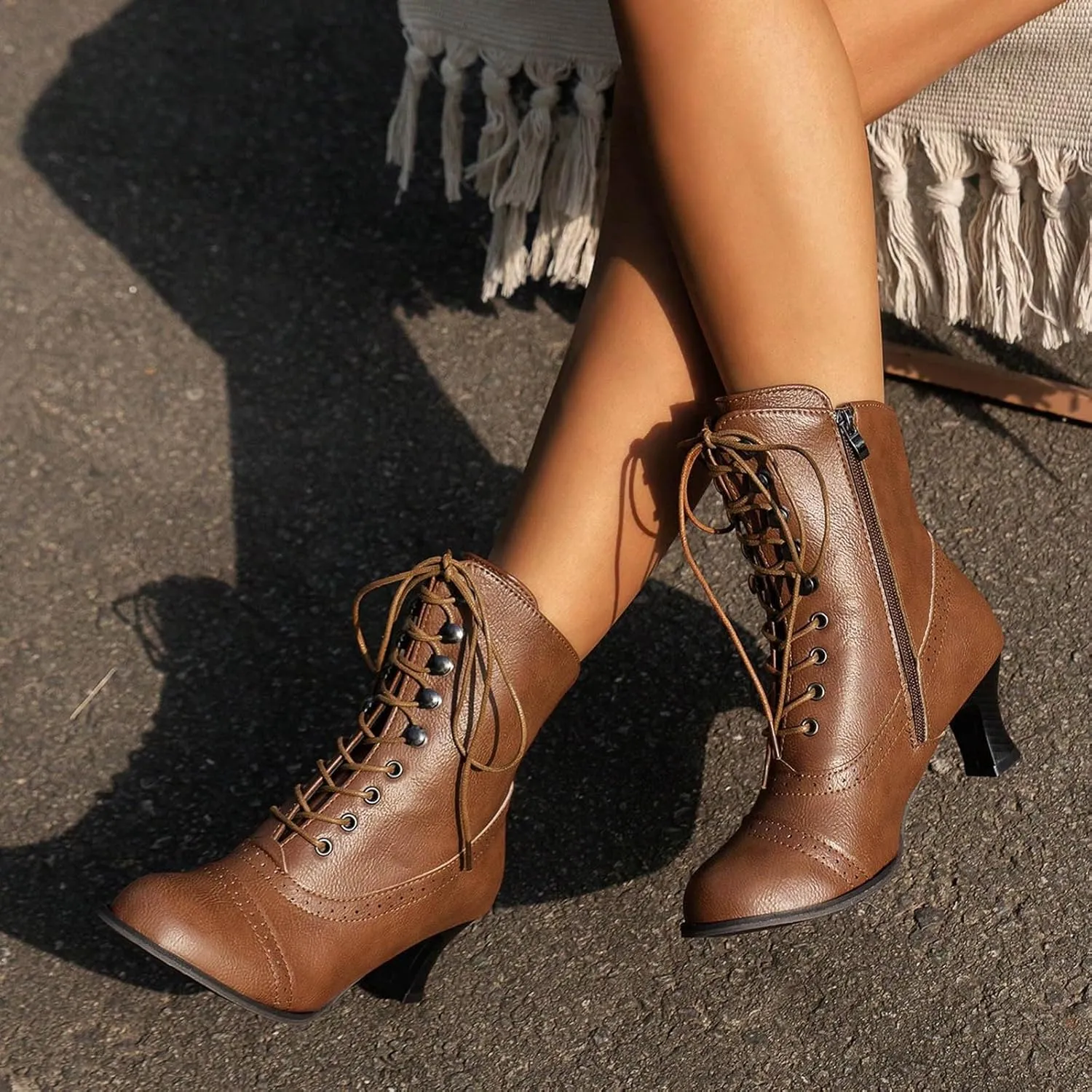 Womens Short Ankle Boots Lace Up for Women Side Zipper Victorian Booties Closed Toe Block Chunky Mid Heel Shoes