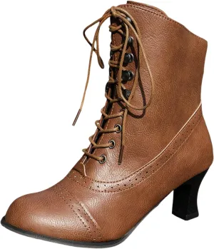 Womens Short Ankle Boots Lace Up for Women Side Zipper Victorian Booties Closed Toe Block Chunky Mid Heel Shoes