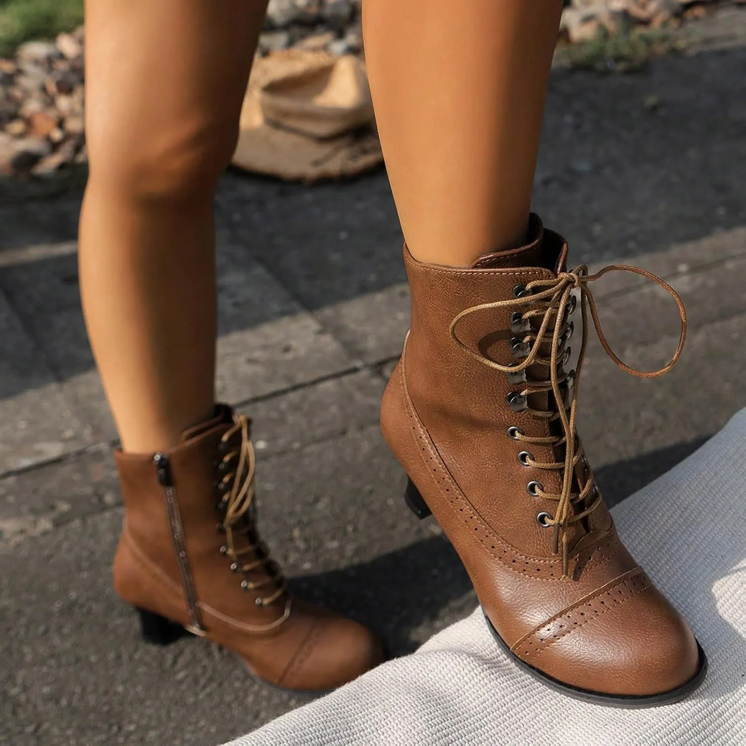 Womens Short Ankle Boots Lace Up for Women Side Zipper Victorian Booties Closed Toe Block Chunky Mid Heel Shoes