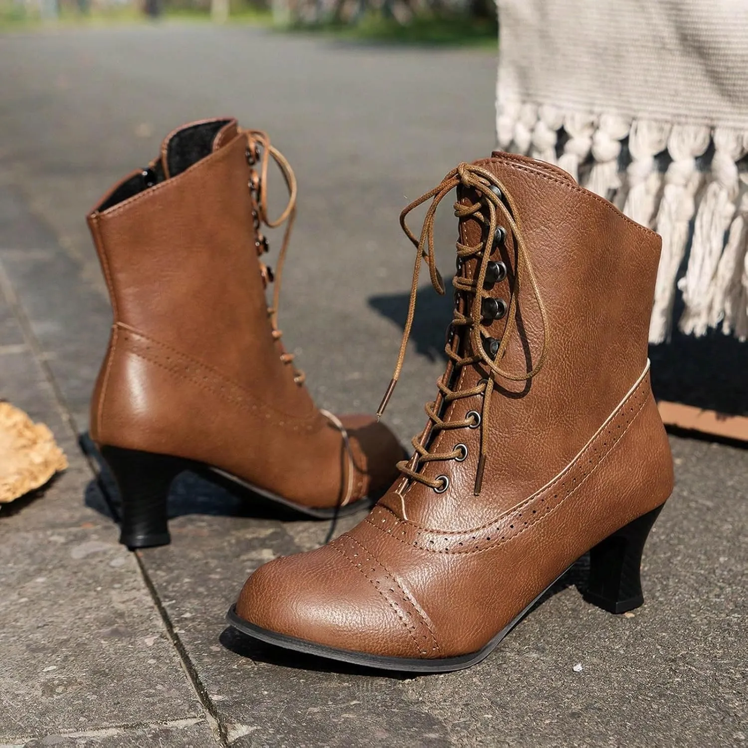 Womens Short Ankle Boots Lace Up for Women Side Zipper Victorian Booties Closed Toe Block Chunky Mid Heel Shoes